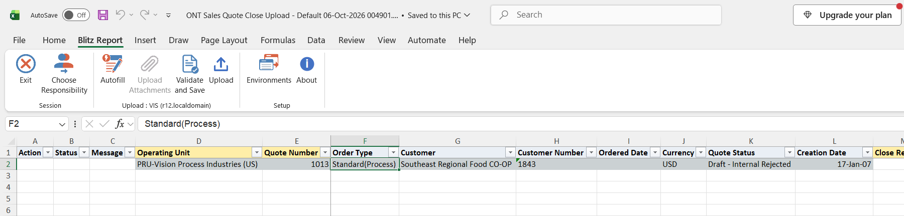 Excel file with the open draft quote 1013 for Southeast Regional Food CO-OP in operating unit PRU-Vision Process Industries (US)