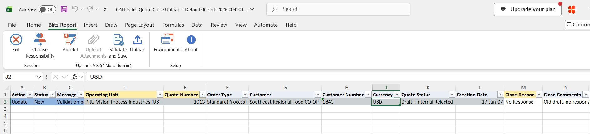 Excel file with Close Reason No Response and a close comment entered on quote 1013, marking the row for upload