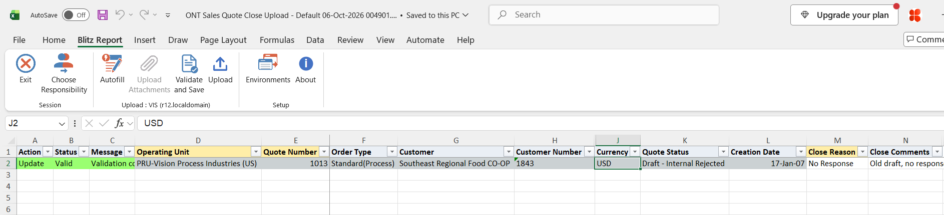 The quote row shows status Valid after Validate and Save