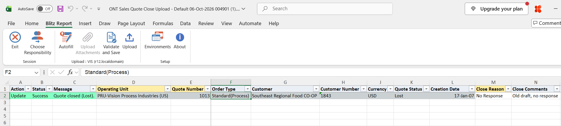 Result report showing quote 1013 with status Success, message Quote closed (Lost) and Quote Status Lost