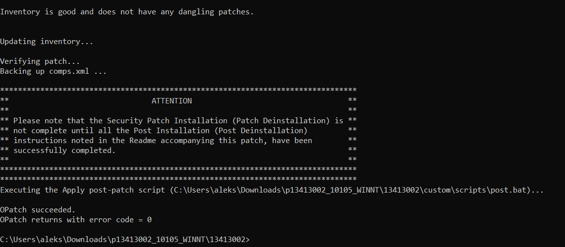 Command prompt output showing OPatch succeeded after applying patch 13413002 to the Forms Developer 10g home