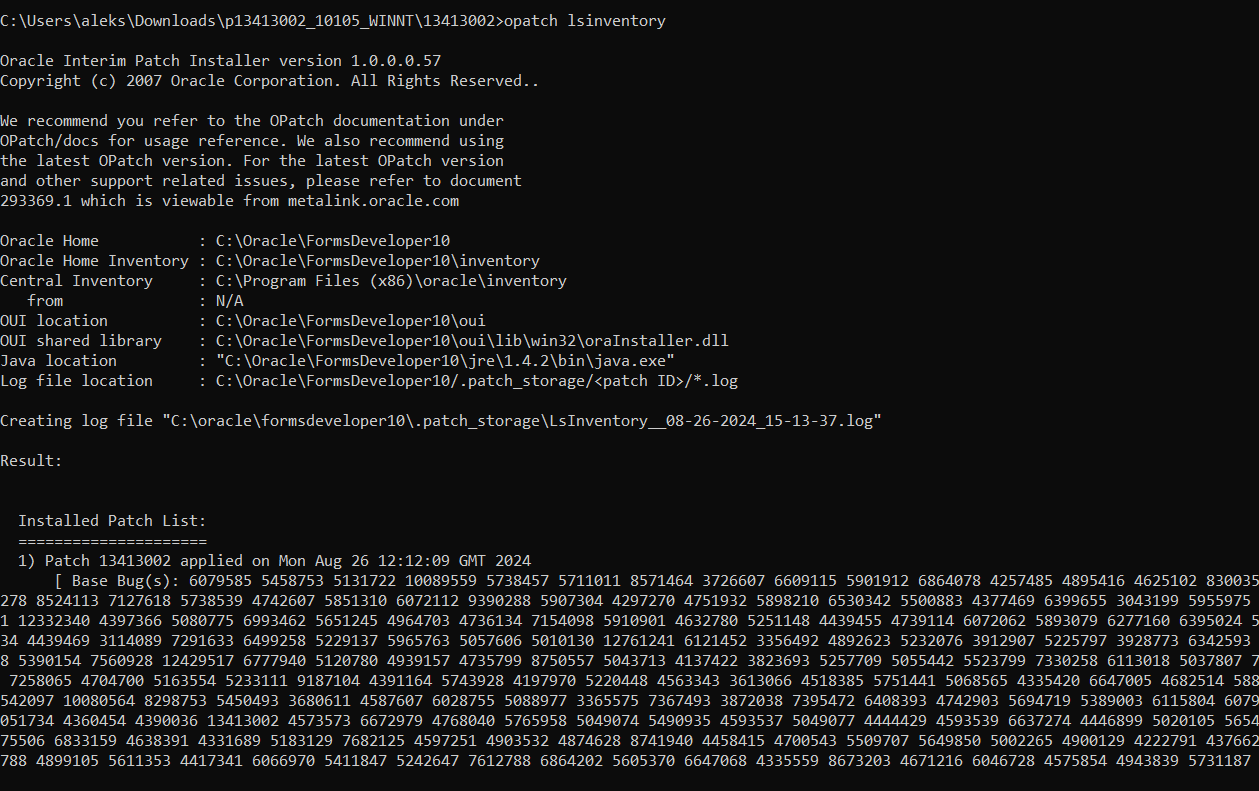 opatch lsinventory output listing patch 13413002 as applied in the C:OracleFormsDeveloper10 Oracle home
