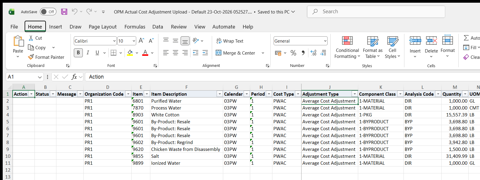 OPM Actual Cost Adjustment Upload downloaded Excel file