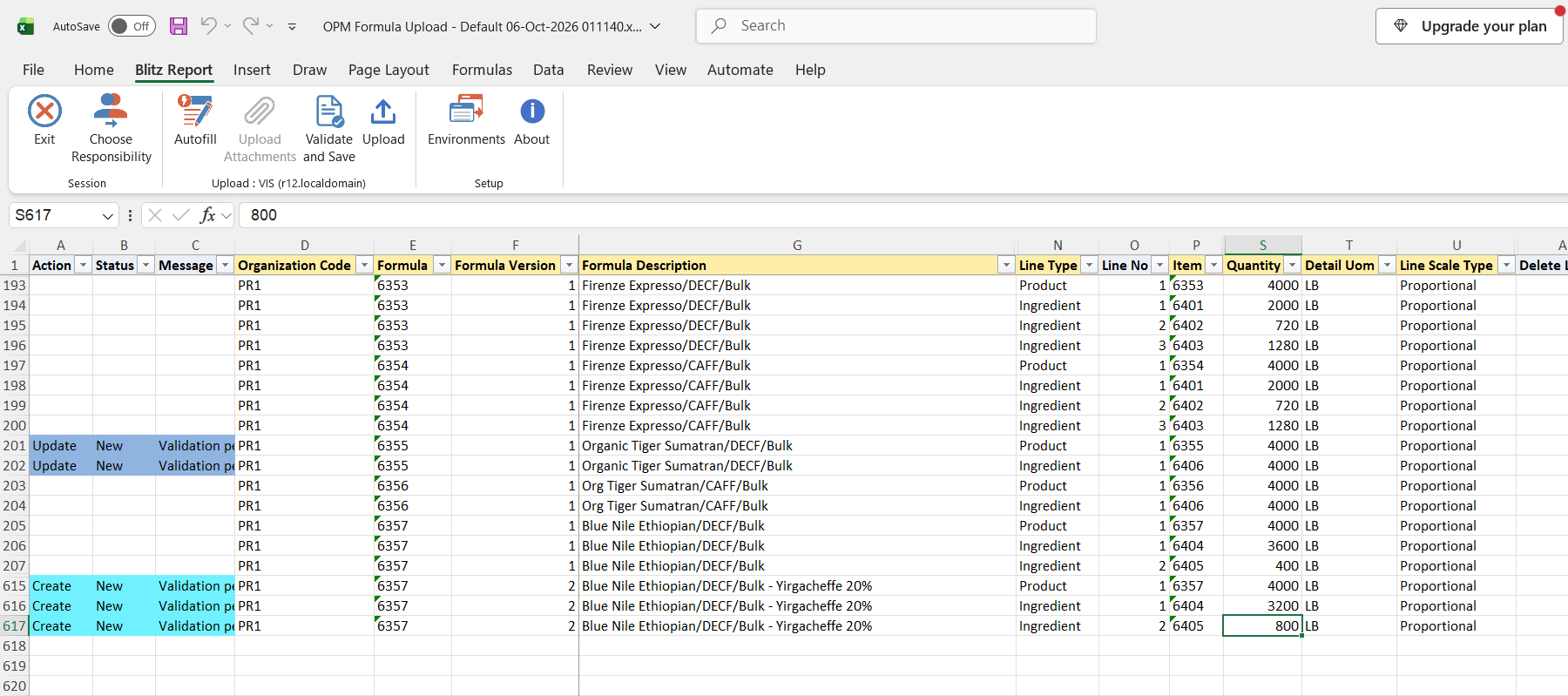 Formula 6355 rows marked Update with a changed description, and three rows marked Create for version 2 of formula 6357