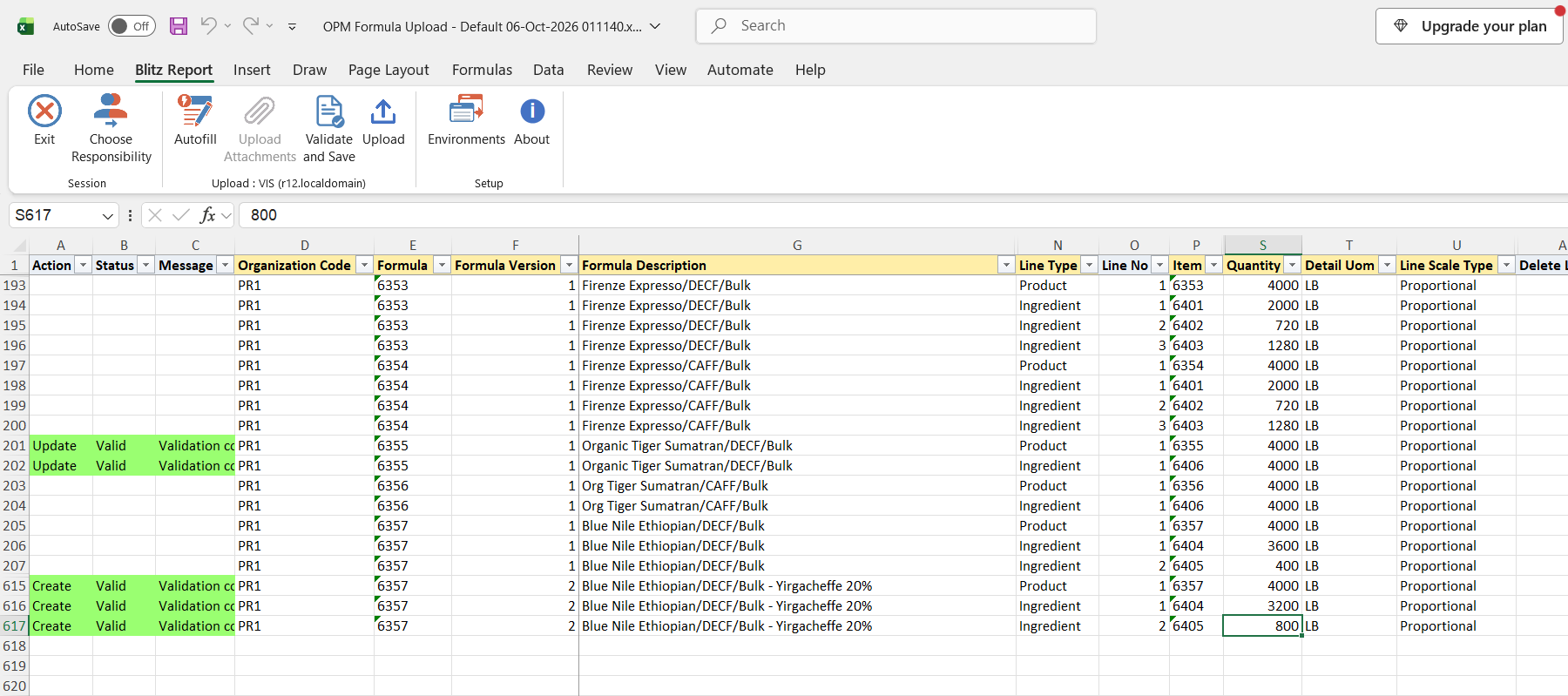 The changed and new formula rows show status Valid after Validate and Save