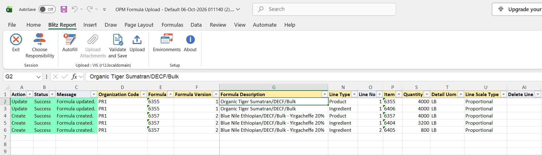 Result report with Success, Formula updated. for formula 6355 and Formula created. for version 2 of formula 6357