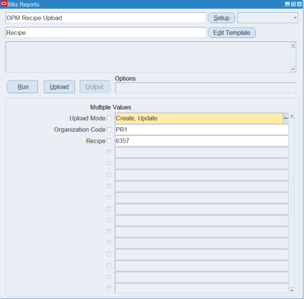Blitz Report run screen for OPM Recipe Upload with template Recipe, Upload Mode Create, Update, Organization Code PR1 and Recipe 6357