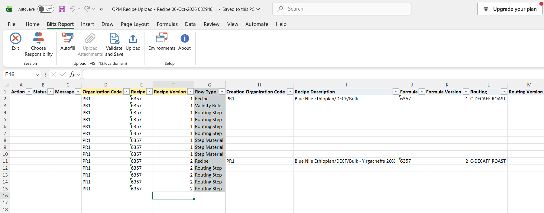 Excel file with recipe 6357 in organization PR1: versions 1 and 2, each a Recipe row followed by its detail rows such as Validity Rule, Routing Step and Step Material
