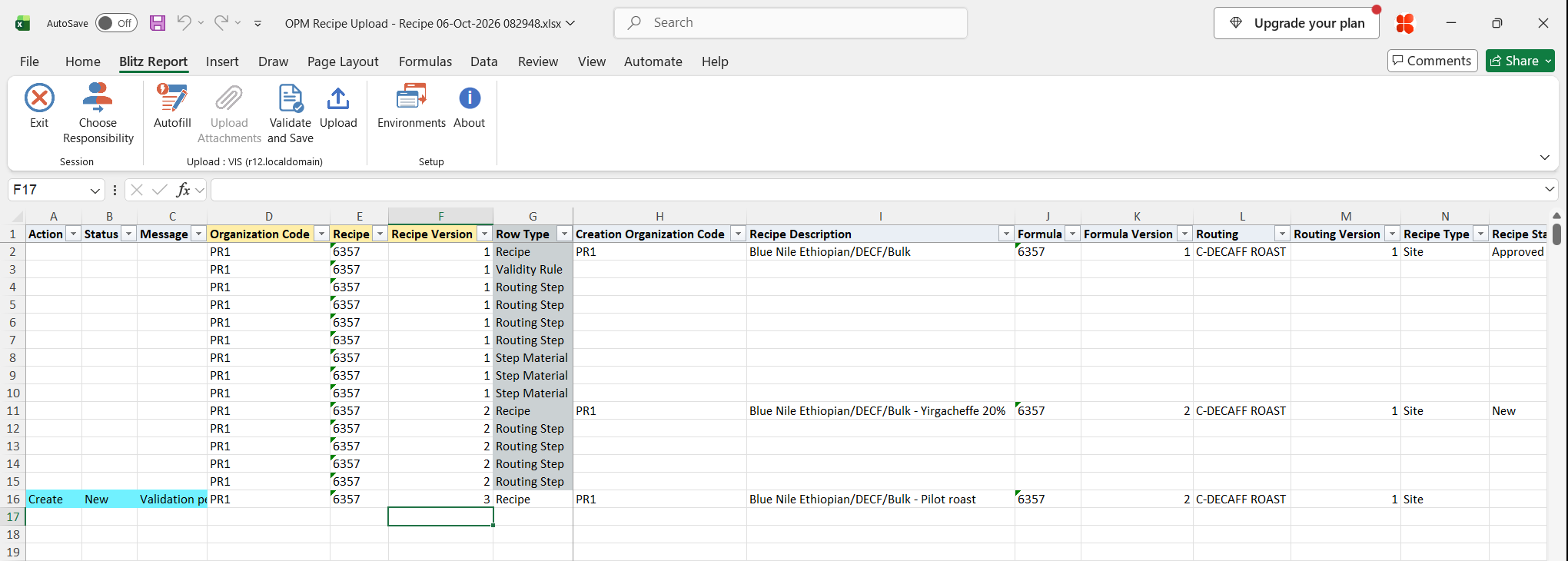 A new Recipe row for recipe 6357 version 3 on formula 6357 version 2 and routing C-DECAFF ROAST, marked Create, below the unchanged downloaded rows