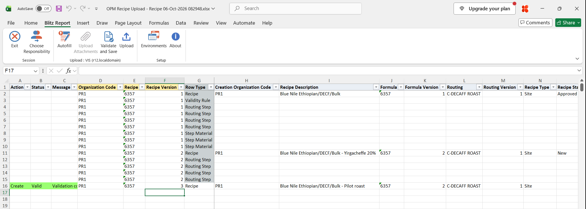 The new recipe row shows status Valid after Validate and Save