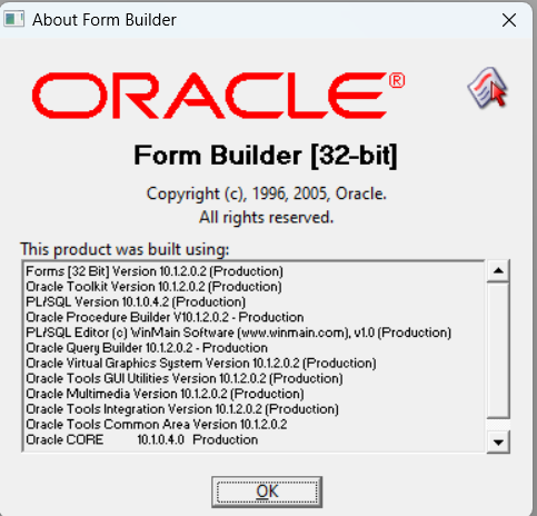 About Form Builder dialog showing Forms 32 Bit version 10.1.2.0.2 before the patch is applied