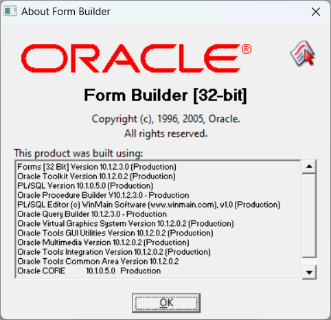 About Form Builder dialog showing Forms 32 Bit version 10.1.2.3.0 after the patch is applied