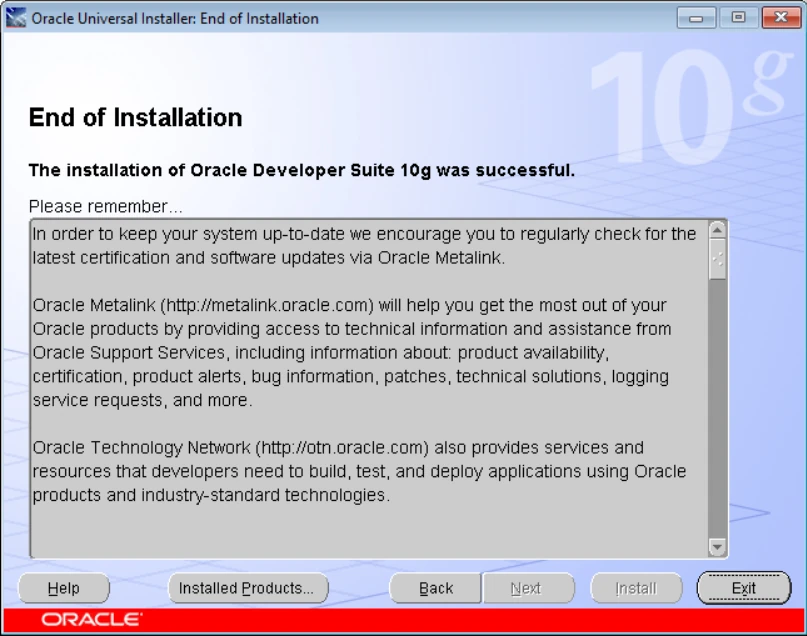 Oracle Universal Installer End of Installation screen confirming Oracle Developer Suite 10g installed successfully
