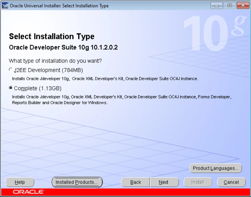 Oracle Universal Installer Select Installation Type screen for Oracle Developer Suite 10g 10.1.2.0.2 with the Complete option selected