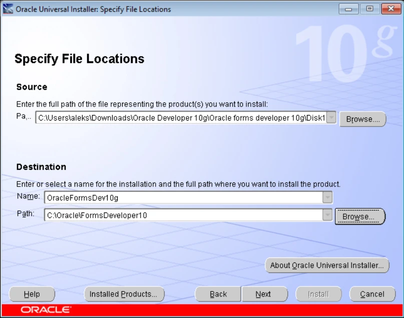 Oracle Universal Installer Specify File Locations screen with the Developer Suite media as source and C:OracleFormsDeveloper10 as destination