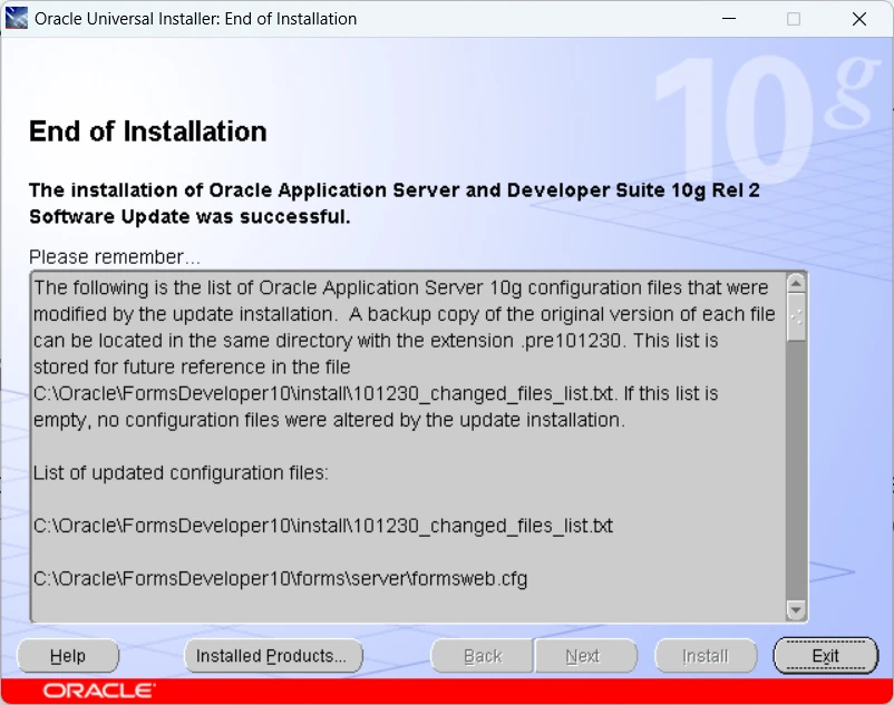 Oracle Universal Installer End of Installation screen confirming the Developer Suite 10.1.2.3 software update was successful