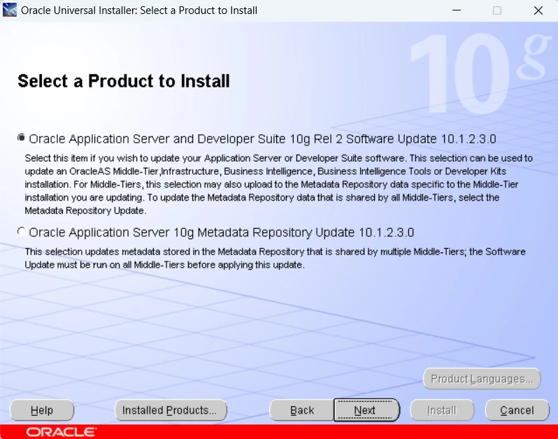Oracle Universal Installer Select a Product to Install screen with Oracle Application Server and Developer Suite 10g Rel 2 Software Update 10.1.2.3.0 selected