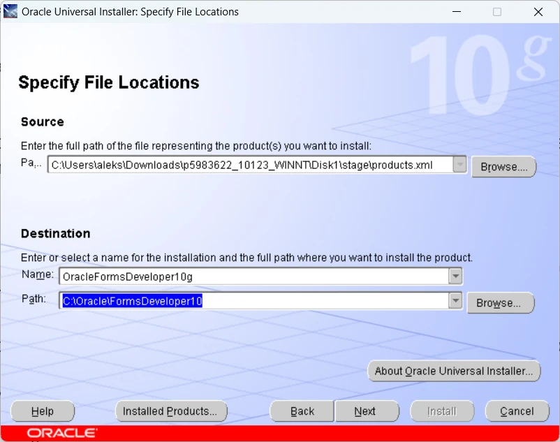 Oracle Universal Installer Specify File Locations screen for patch 5983622 pointing at the existing Forms Developer 10g Oracle home