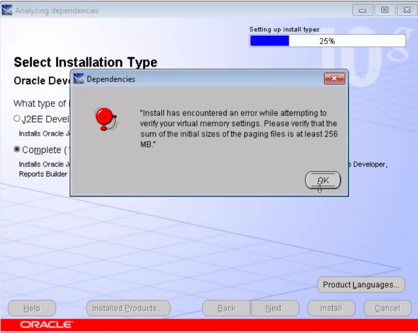 Oracle Developer Suite 10g installer error: install has encountered an error while attempting to verify your virtual memory settings