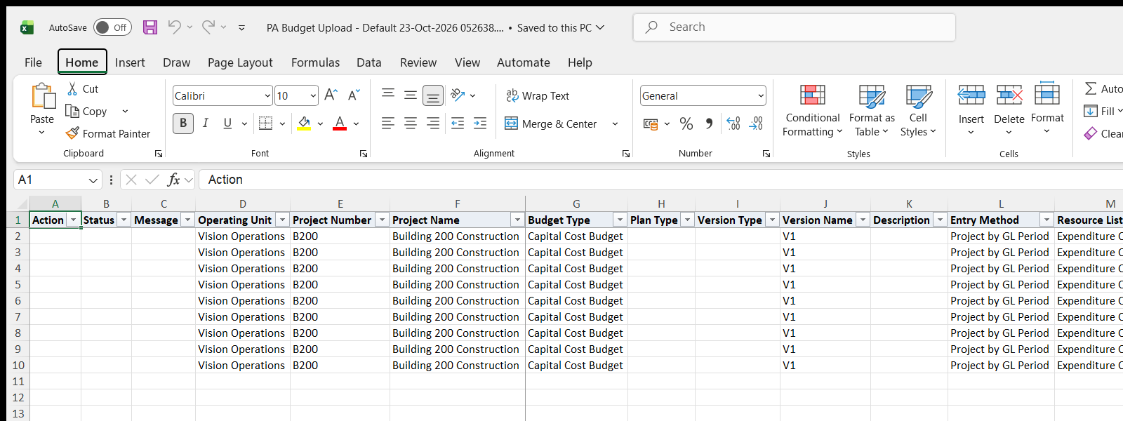 PA Budget Upload downloaded Excel file
