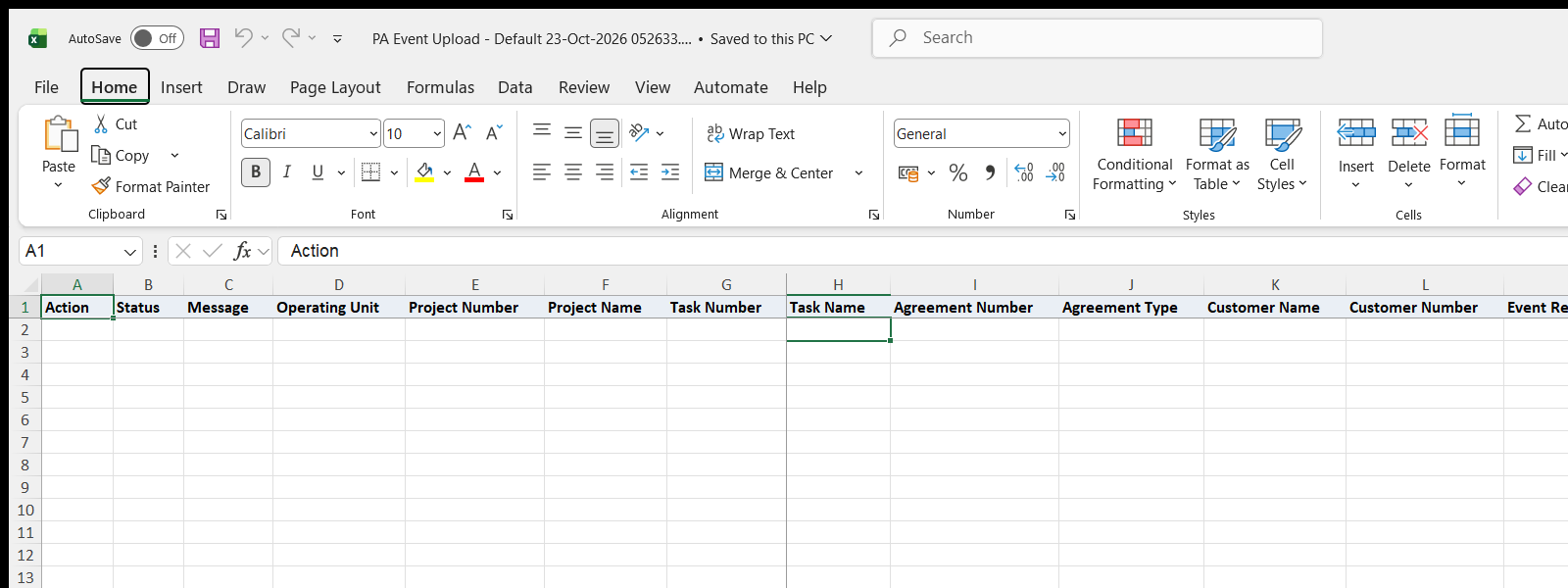 PA Event Upload downloaded Excel file
