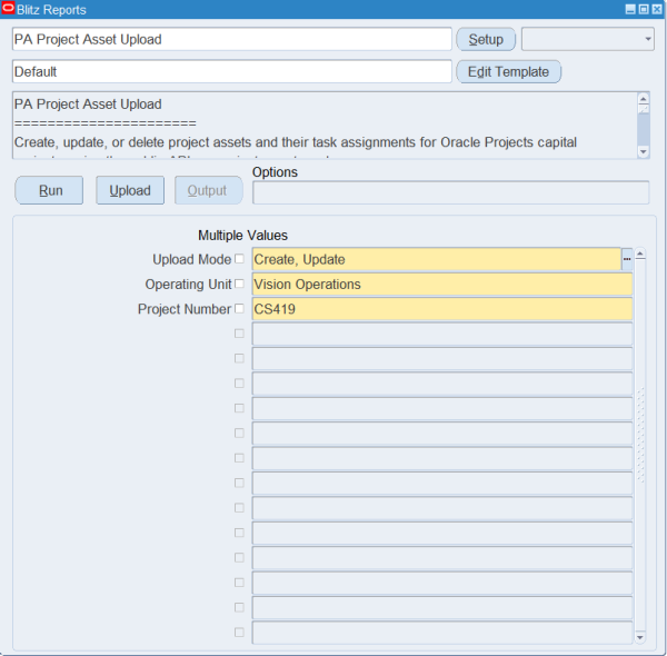 Blitz Report run screen for PA Project Asset Upload with Upload Mode Create, Update, Operating Unit Vision Operations and Project Number CS419