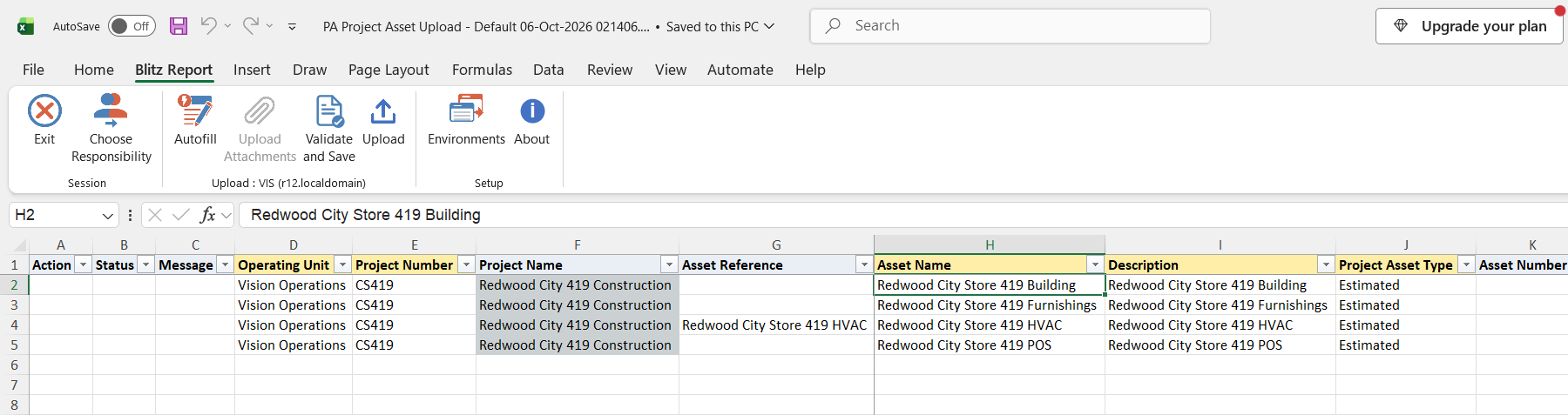 Excel file with the four existing estimated assets of capital project CS419