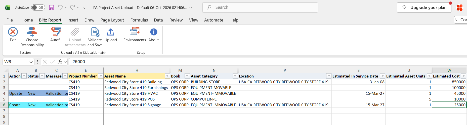 Excel file with the estimated in-service date of the HVAC asset changed, marked Update, and a new Signage asset with book, category, location and estimated cost, marked Create