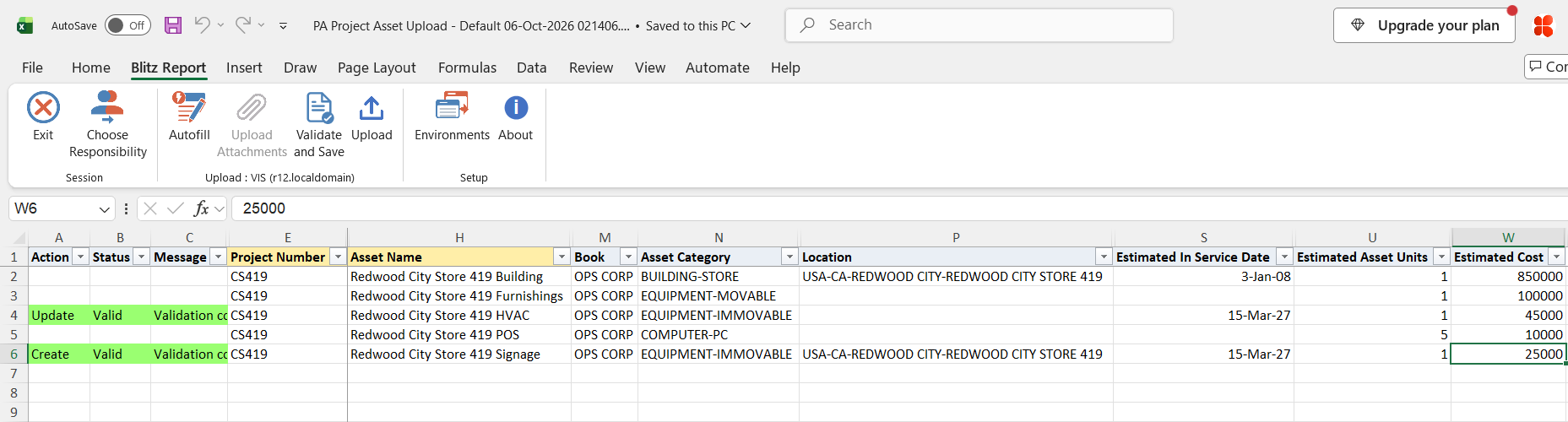 Both edited rows show status Valid after Validate and Save