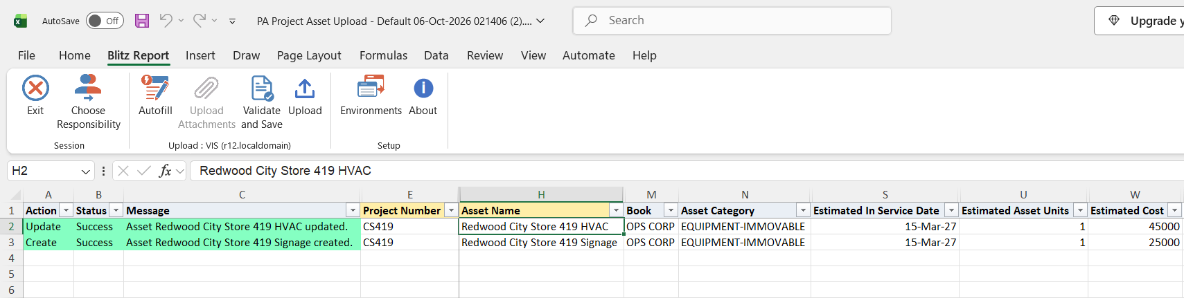 Result report showing the HVAC asset updated and the Signage asset created with status Success
