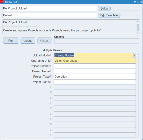 Blitz Report run screen for PA Project Upload with Upload Mode Create, Update, Operating Unit Vision Operations and Project Type Operation