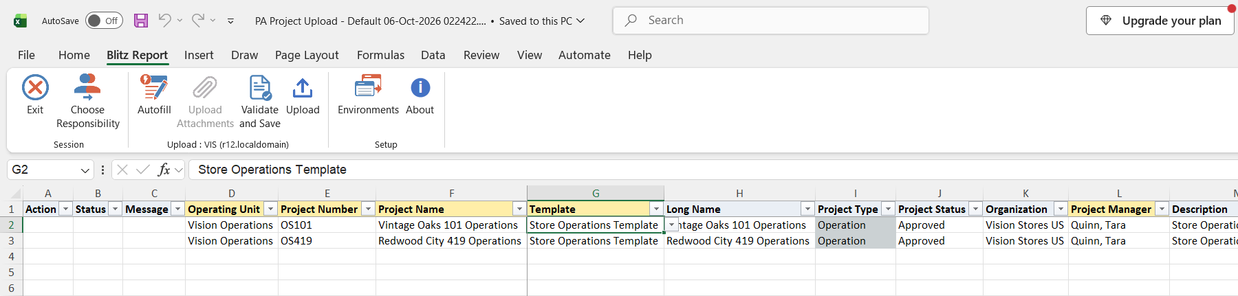 Excel file with the two existing Operation projects OS101 and OS419 and their template, status, organization and project manager