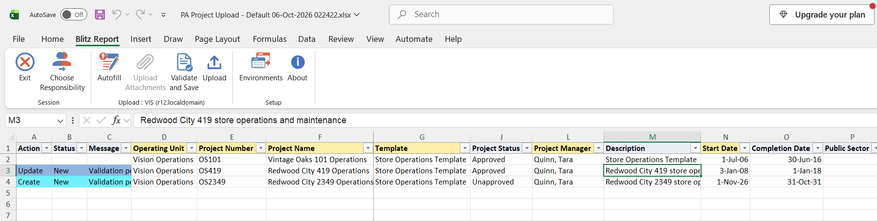 Excel file with the description of project OS419 changed, marked Update, and a new project OS2349 added from the Store Operations Template, marked Create