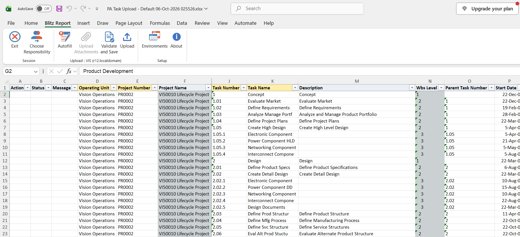 Excel file with the tasks of project PR0002 in work breakdown structure order, with WBS level and parent task number