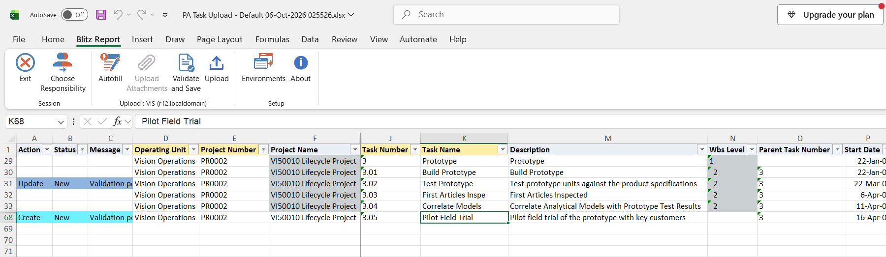 Excel file with the description of task 3.02 changed, marked Update, and a new subtask 3.05 Pilot Field Trial under task 3 added, marked Create