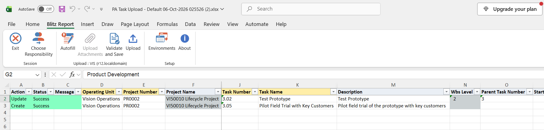 Result report showing the updated task 3.02 and the created task 3.05 with status Success