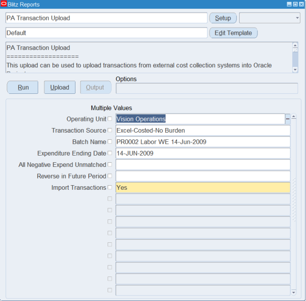 Blitz Report run screen for PA Transaction Upload with Operating Unit Vision Operations, Transaction Source Excel-Costed-No Burden, a batch name and Expenditure Ending Date 14-JUN-2009