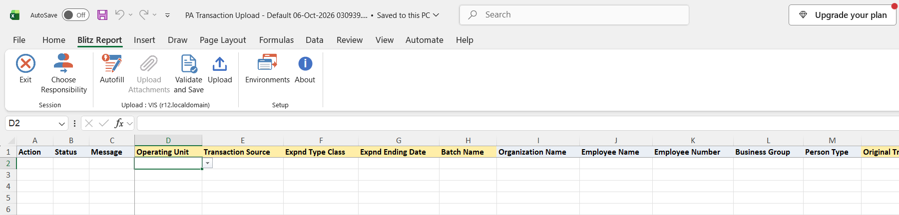 Downloaded Excel file with an empty sheet for entering new project transactions