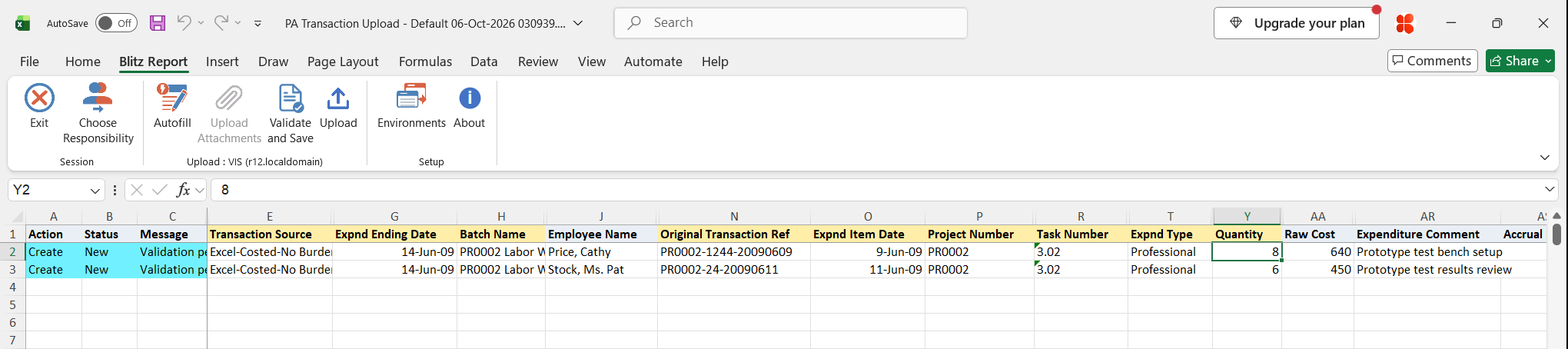 Two Straight Time labor rows for project PR0002 task 3.02 with employee, original transaction reference, item date, Professional expenditure type, hours and raw cost, marked Create