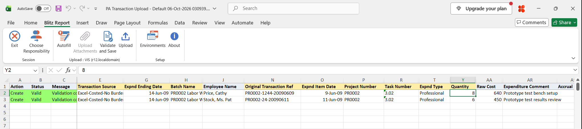 Both transaction rows show status Valid after Validate and Save