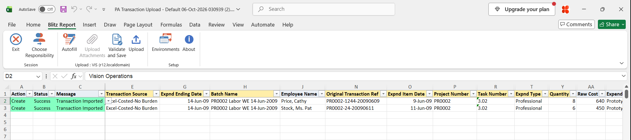 Result report showing both labor transactions with status Success and message Transaction Imported