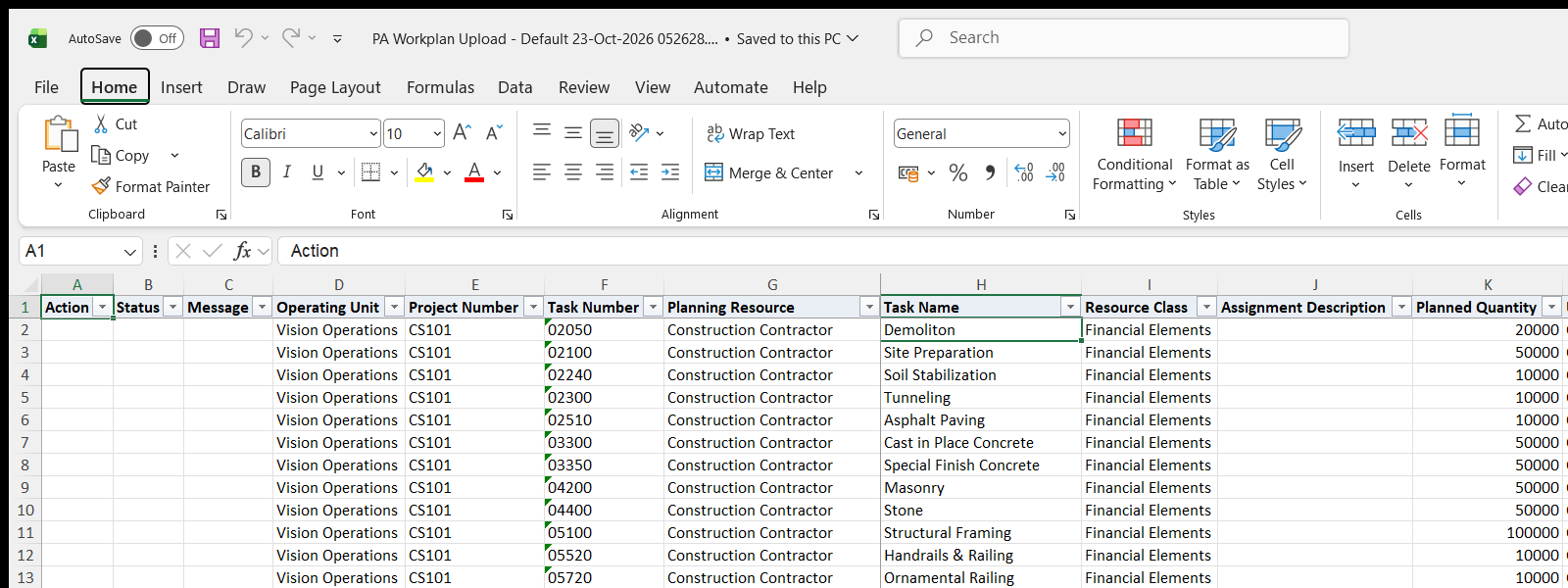 PA Workplan Upload downloaded Excel file