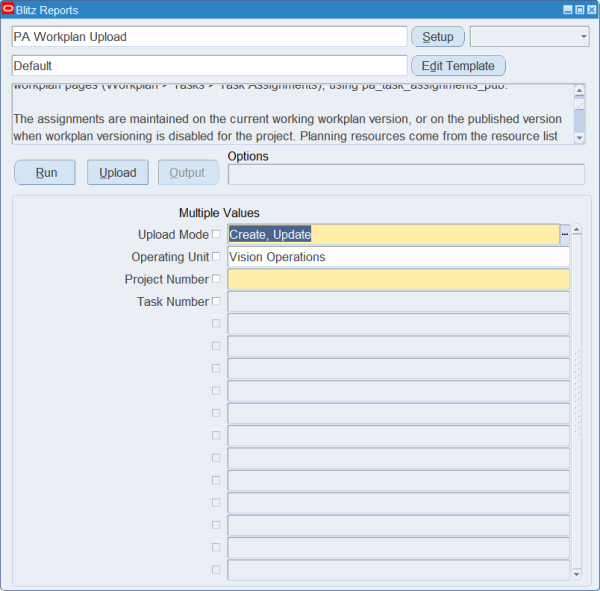 PA Workplan Upload run screen