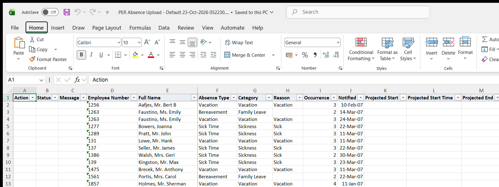 PER Absence Upload downloaded Excel file