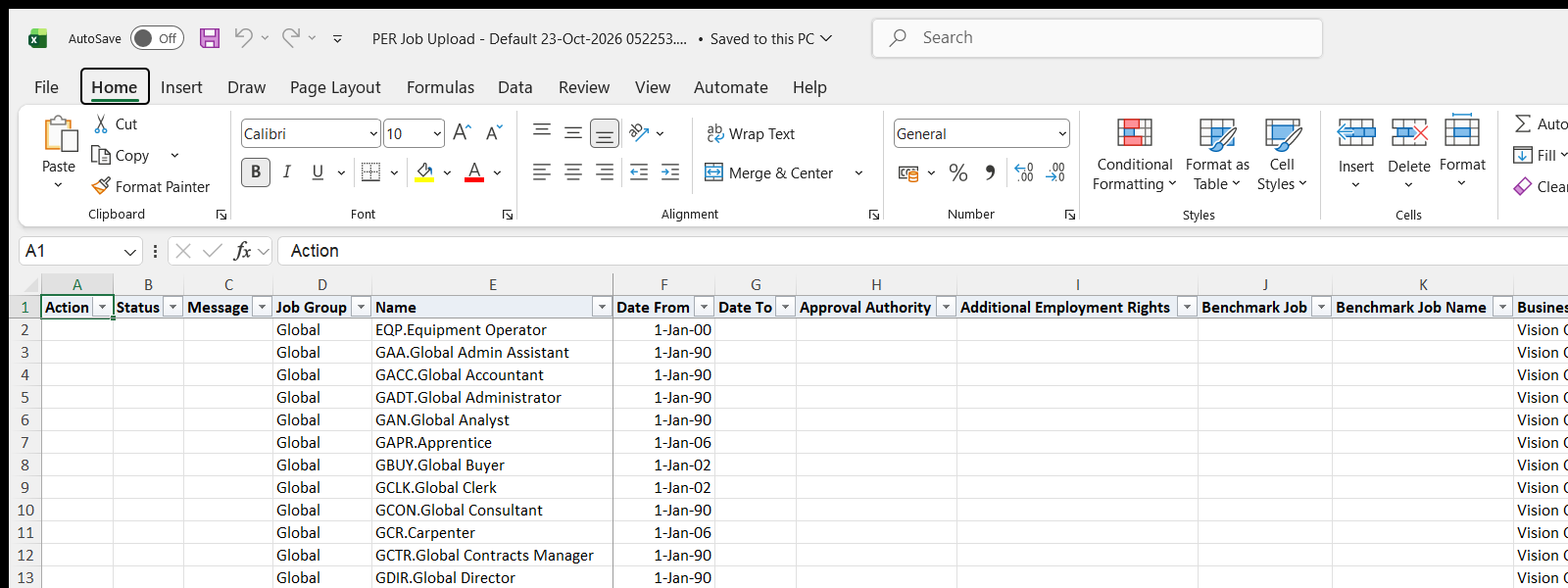 PER Job Upload downloaded Excel file