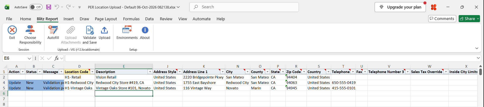 Excel file with the description and telephone of H1-Redwood City and the telephone of H1-Vintage Oaks changed, both rows marked Update
