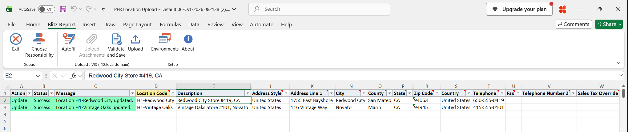 Result report showing locations H1-Redwood City and H1-Vintage Oaks updated with status Success