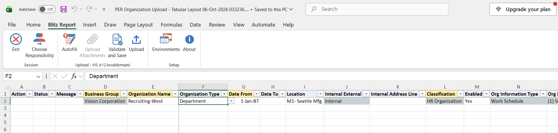 Excel file with the department Recruiting-West, its HR Organization classification and Work Schedule information type
