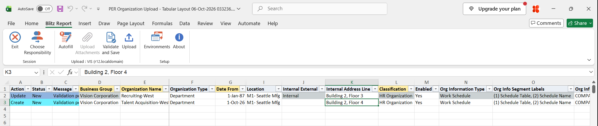 Excel file with the internal address line of Recruiting-West changed, marked Update, and a new department Talent Acquisition-West with HR Organization classification and work schedule added, marked Create