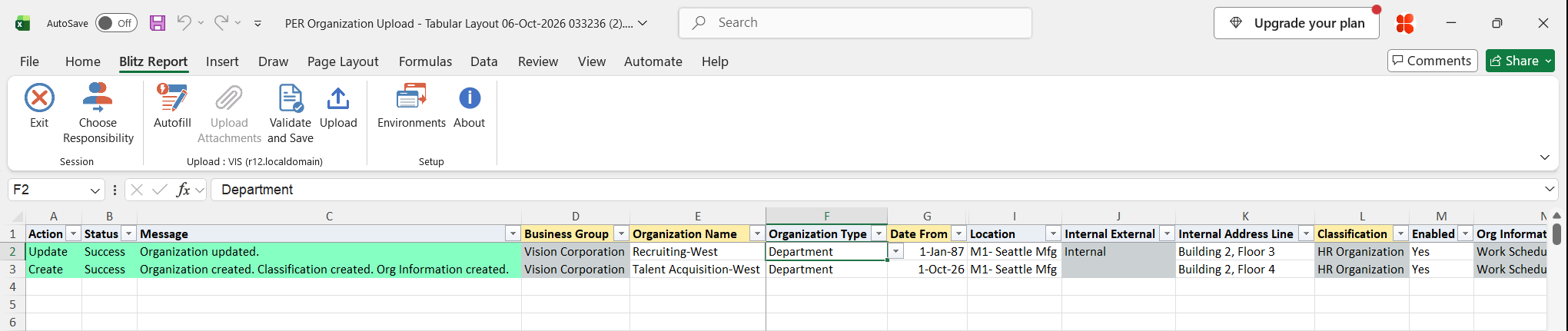 Result report showing Recruiting-West updated and Talent Acquisition-West created with its classification and information type, both with status Success